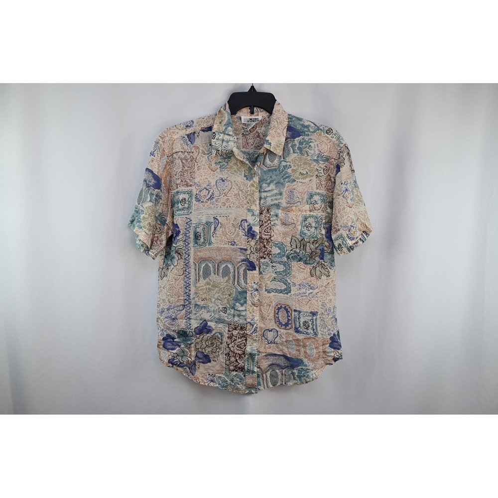 Vintage Metro Express Silk Shirt Large Beige Blue Abstract Short Sleeve Blouse